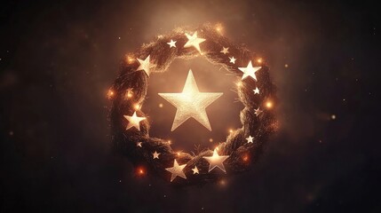 A wreath icon with stars and stripes weaved into the design, surrounded by a soft glow of light
