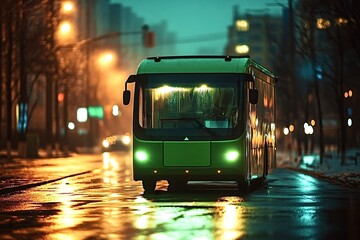 Obraz premium Green bus driving through city street at night