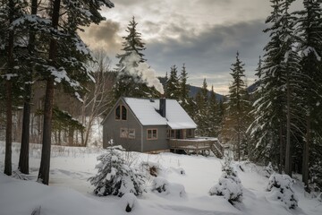 A cabin in the woods with a chimney and a fireplace