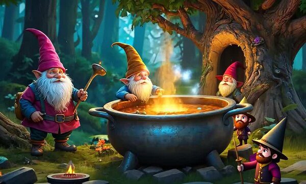 In a mystical forest, whimsical gnomes gather around a bubbling cauldron, joyfully brewing a vibrant potion beneath towering trees at dusk