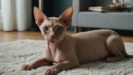 Red sphynx cat laying on the floor indoor