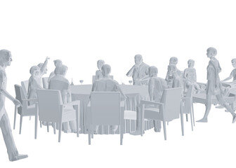 Polygonal model of people sitting in restaurant on chairs and sofa isolated on white background. Restaurant interior. Perspective view. Vector illustration. 3d