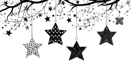 Fabric stars stitched with patterns hanging from tree branches, illustration art