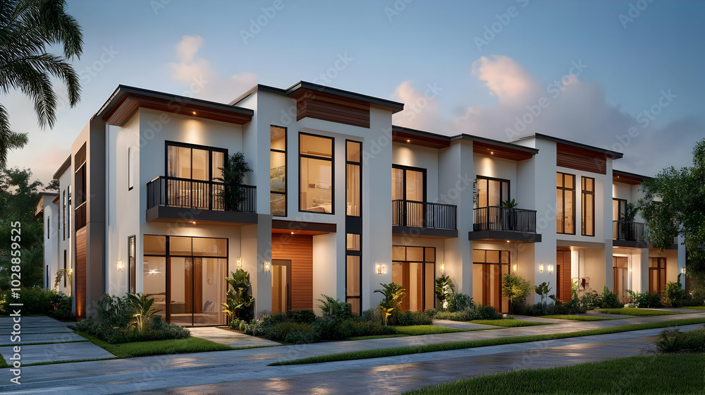 Canvas Prints Modern residential buildings with landscaped surroundings at dusk.