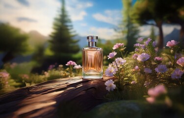 A perfume bottle rests on a wooden surface in a floral garden setting. The bottle has a square shape and is partially filled with a brown liquid.