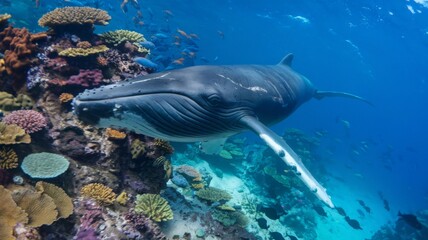 Obraz premium Humpback whale swimming among corals, underwater, marine life concept.
