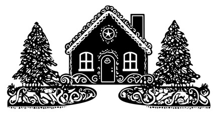 Naklejka premium Gingerbread house with a pretzel fence and path, illustration art