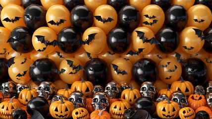 Black and orange Halloween balloons, pumpkins, and skulls for a festive party decoration. 
