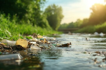 River Clogged with Plastic Waste in Natural Setting