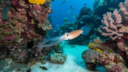 Fototapeta premium Giant squid with tentacles swimming among corals, underwater, marine life concept.