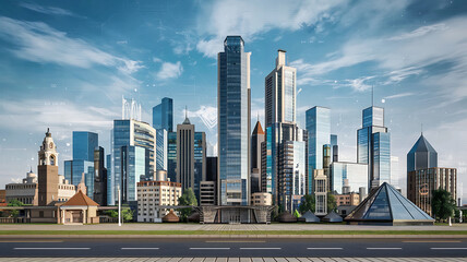 Modern city skyline with blue and gray skyscrapers, perfect for urban and technology concepts. 
