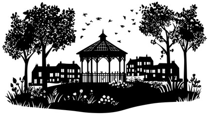 Obraz premium Miniature park with gazebo surrounded by village houses, illustration art