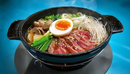 柔らかい和牛の細切り、豆腐、椎茸、春雨、ネギを鉄鍋で調理し、甘めの醤油で味付けし、生卵を添えて食べる古典的なすき焼き料理です。