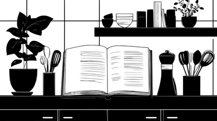 Personalized recipe book open on kitchen counter with utensils, illustration art