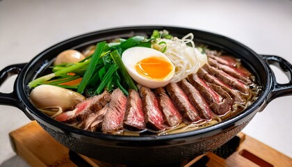 柔らかい和牛の細切り、豆腐、椎茸、春雨、ネギを鉄鍋で調理し、甘めの醤油で味付けし、生卵を添えて食べる古典的なすき焼き料理です。