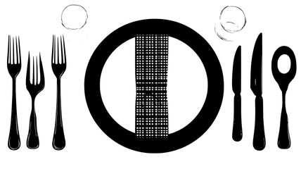 Place settings with charger plates and cloth napkins, illustration art