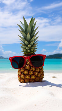 pineapple wearing sunglasses on a sandy beach