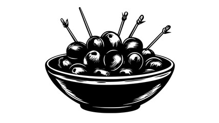 Small bowl of olives with cocktail picks, illustration
