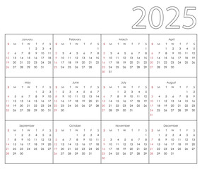 Calendar 2025 year. The week starts on Sunday.