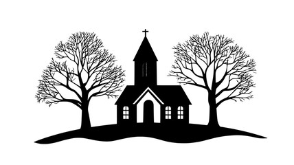 Tiny church with steeple as the centerpiece of a village display, illustration