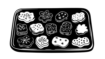 Tray of spritz cookies pressed into festive shapes, illustration