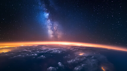 Obraz premium A breathtaking view of Earth's horizon at night, featuring the Milky Way galaxy and a multitude of stars against a dark blue sky.