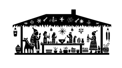 Obraz premium Wooden stable with figurines arranged inside on mantel, illustration