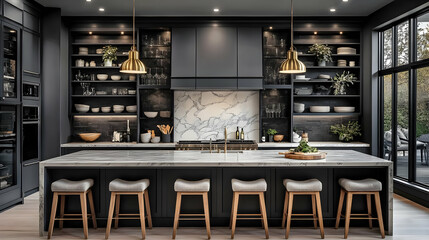 Modern kitchen with marble island and stylish decor.