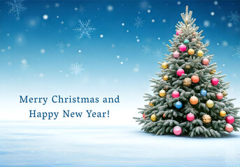 Obraz premium Christmas tree with balls and snowflakes New Year Postcard stock image