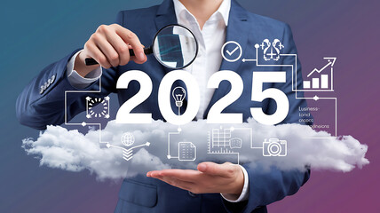 Businessman examining 2025 with a magnifying glass, blue suit, white numbers, future planning, business strategy, optimistic. 
