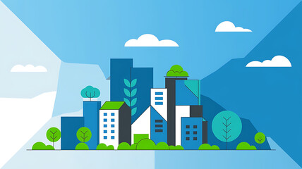 Obraz premium Blue and green city skyline, modern flat design, urban living, environmental concept. 