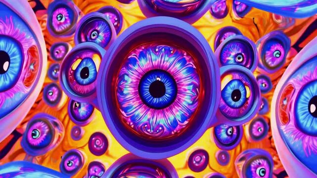 Giant cartoon eyes multiply, blink, and morph into fractals, kaleidoscopic patterns that pulse with every movement, set to trippy, rhythmic beats, 4k High-Quality background Animation Video