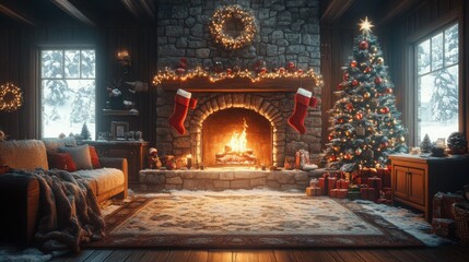 Obraz premium Cozy Living Room Interior with a Roaring Fireplace for Holiday Decor Inspiration
