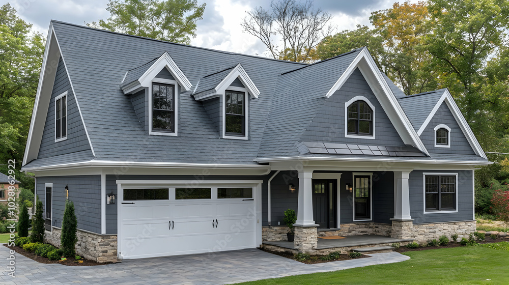 Sticker Modern gray house with stone accents and landscaped yard.