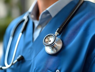 Doctors during an examination:
A doctor, with a focus on the doctor's coat and the stethoscope.