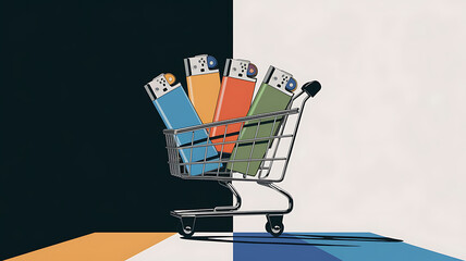 Colorful lighters in a shopping cart, minimal style, consumerism concept, everyday shopping. 
