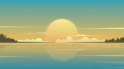 Sunrise over a calm ocean, with silhouettes of land and clouds. Peaceful, golden hour scene.

