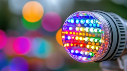 A lighted bulb with a rainbow of colors