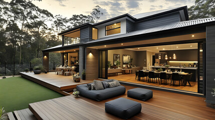 Modern home with outdoor deck and scenic backdrop at sunset.