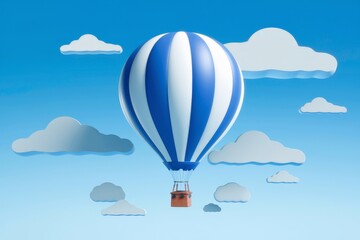 Hot air balloon with stripes, clouds in the background.