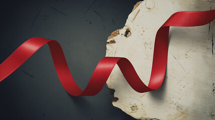 Red ribbon curving over a light-colored, textured slab.
