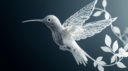 Obraz premium Paper cut hummingbird with finely detailed wings and delicate floral elements, paper cut hummingbird, delicate wildlife design