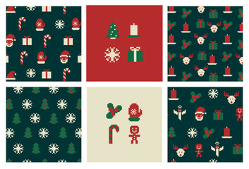 8bit pixel Christmas sweater patterns set. Cute pixelated ornament, Christmas holiday traditional sweater knit with red socks, reindeer, gift box and bow square pixel vector pattern