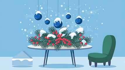 Winter holiday table setting with ornaments and greenery.
