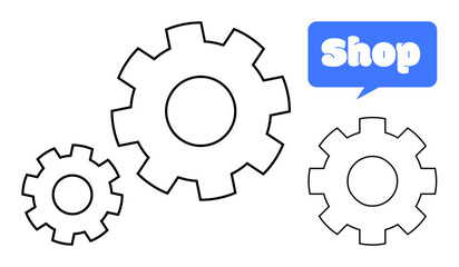 Three interconnected gears with a blue speech bubble containing the word Shop. Ideal for business, e-commerce, technology, mechanical engineering, and graphic design. Clean and minimal vector style