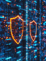 Digital security shields on a blue data background illustrating cybersecurity protection and modern technology.