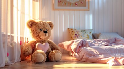 Teddy bear in a cozy children's room with soft lighting and pastel decor