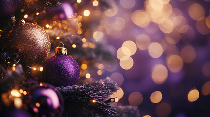 A close-up image of two Christmas ornaments, one purple and one gold, adorned with glitter, hanging on a snowy tree branch, with warm bokeh lights in the background.