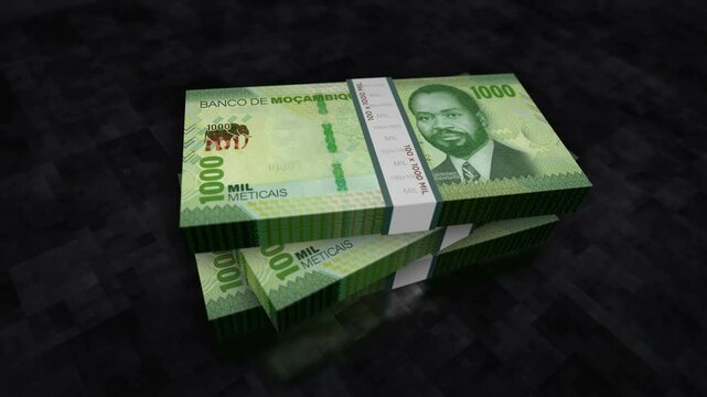 Mozambique money Mozambican Metical pile pack. Concept background of economy, banking, business, crisis, recession, debt and finance. 1000 MZN banknotes stacks 3d animation.