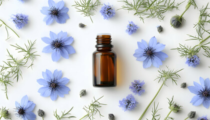 A bottle of Nigella sativa (black caraway oil) surrounded by its blooming blue flowers on a white background, representing medicinal herbs and holistic healing